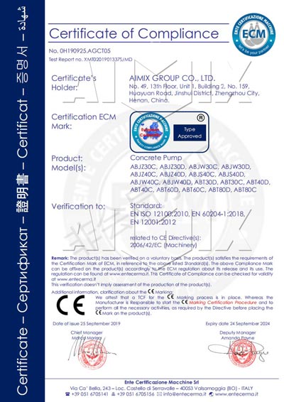 Aimix Concrete Pump CE certificate