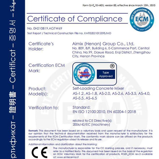 AIMIX Self Loading Concrete Mixer CE Certificate