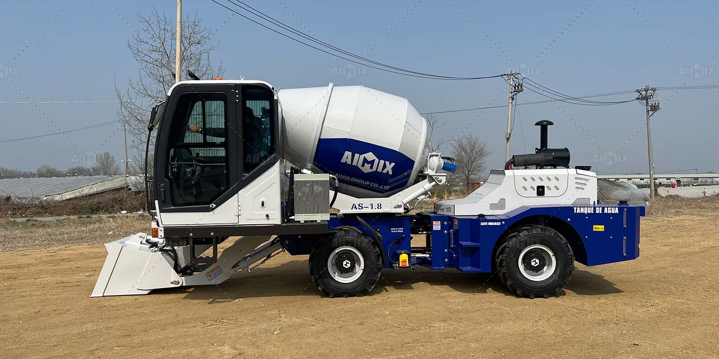 AS-1.8 self loading mixer used for factory construction in Guatemala