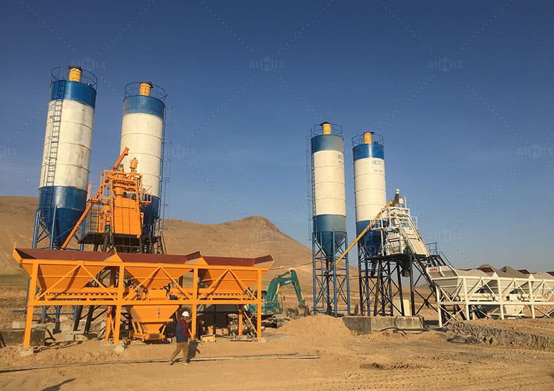 Double AJ50 Stationary Concrete Batching Plant in Uzbekistan for Building Construction
