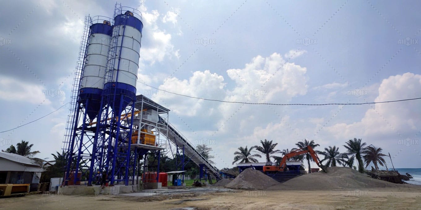 operation of AJ60 concrete batching plant on-site in Indonesia