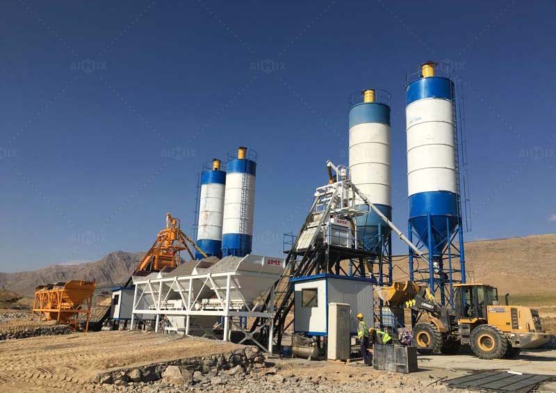 Double AJ50 Small Stationary Concrete Plant in Uzbekistan for Highway Construction