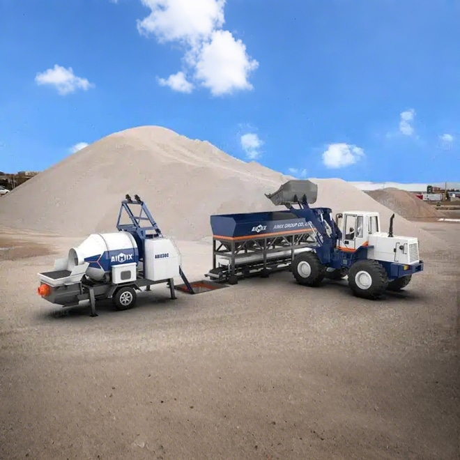 wheel loader, batching machine and concrete pump mixer combination