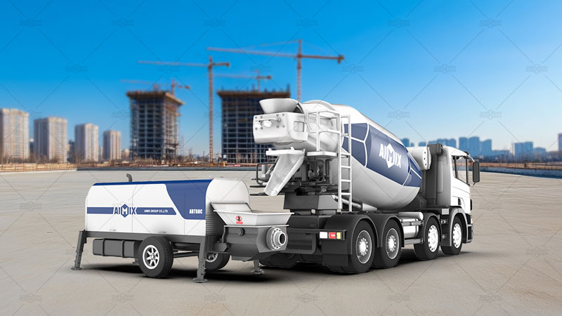 concrete mixer truck and concrete pump for building construction