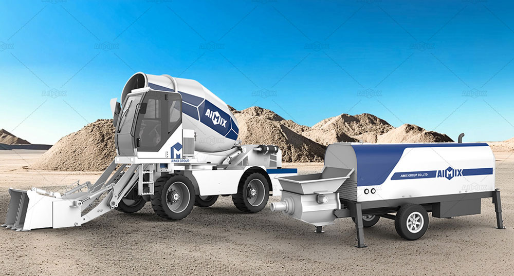 own self-loading concrete mixer truck. Producing concrete on-site