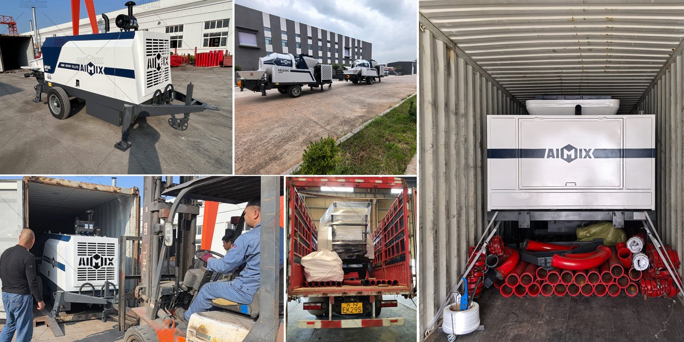 Collage of trailer concrete pump and mixing pump being loaded for export shipping to Apapa Port Nigeria for delivery to construction sites in Lagos Abuja and Kano