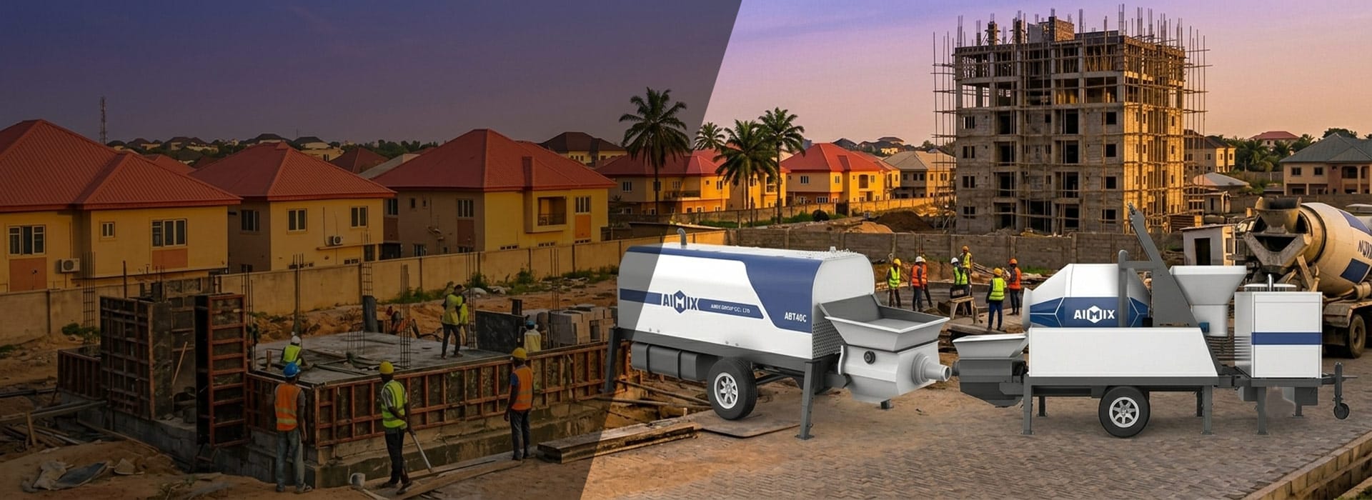 AIMIX ABT40C trailer concrete pump and ABJZ40C diesel concrete mixer pump working at a building construction site in Nigeria