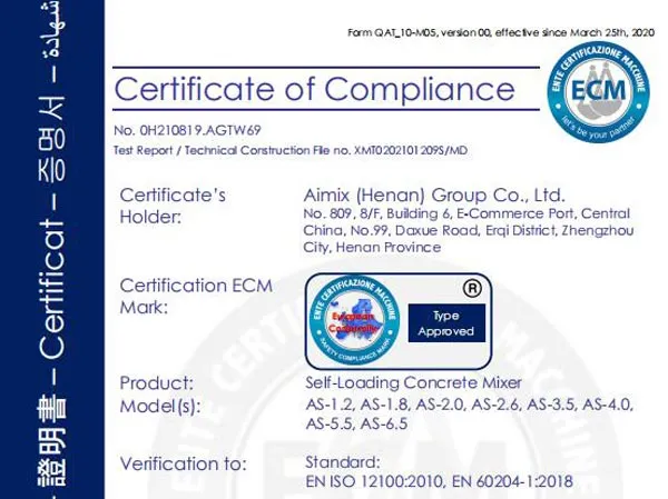 Self Loading Mixer Certificate